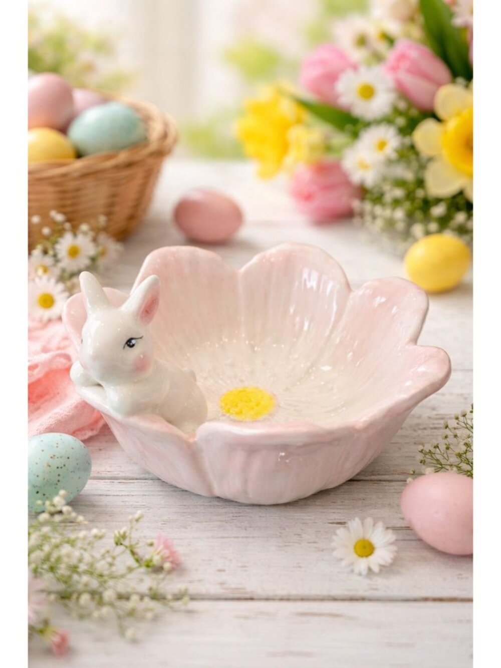 New Pink Easter Bunny Flower Shaped Serving Dish Bowl Decorative Spring Decor